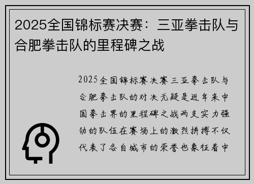 2025全国锦标赛决赛：三亚拳击队与合肥拳击队的里程碑之战